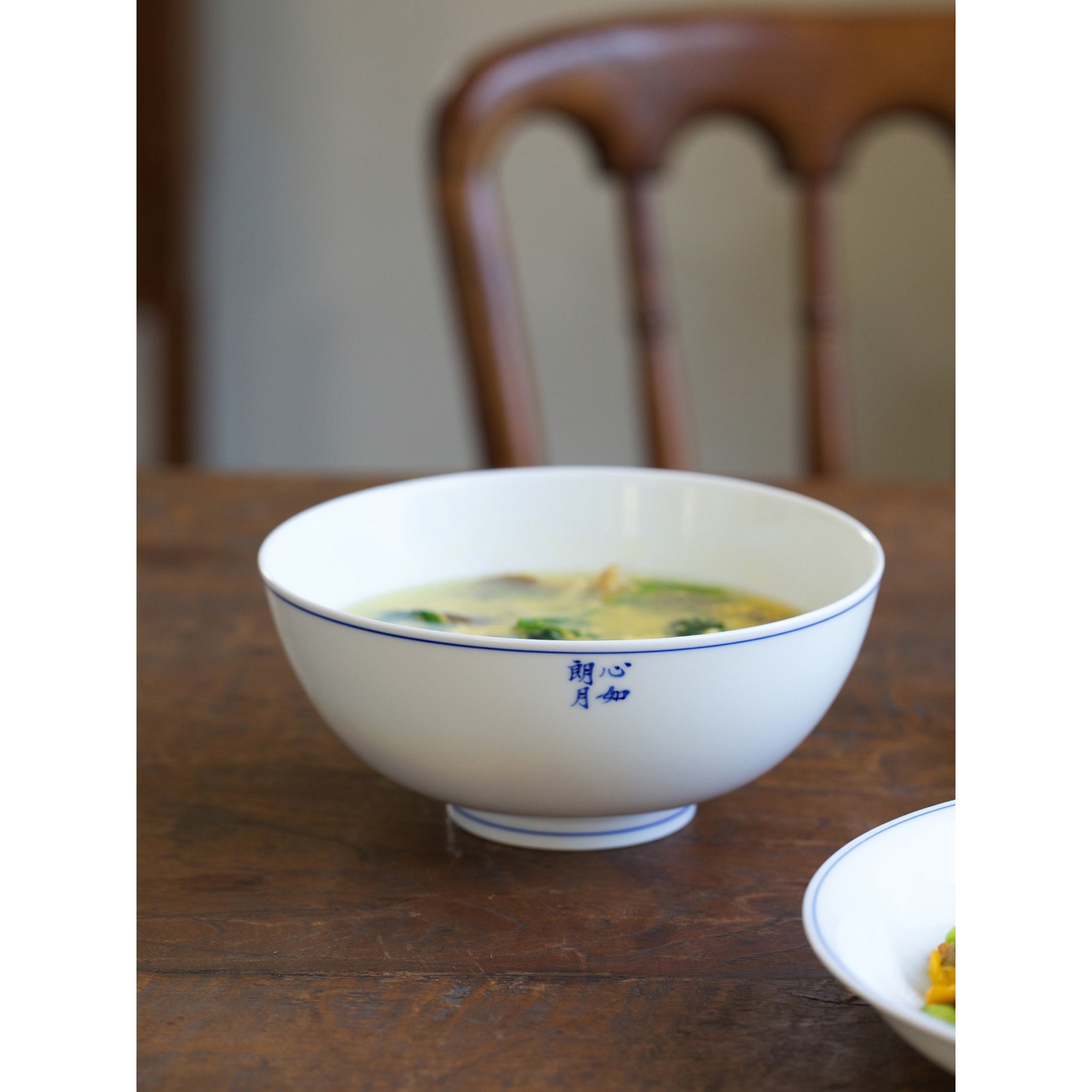 如诗行手绘青花陶瓷碗盘家用中古蓝边饭碗景德镇高温餐具定z^