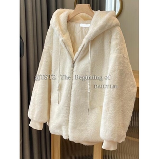白色羊羔毛外套女秋冬设计感小众毛绒棉衣棉服