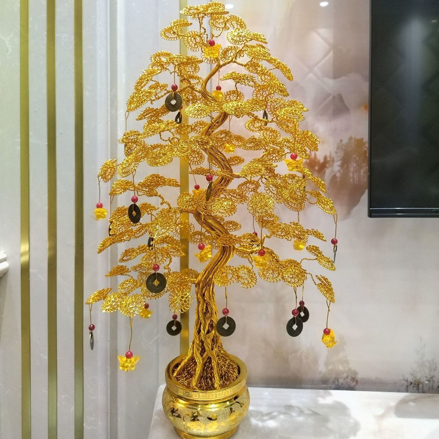 落地摆件发财树乔迁开业铝线纯手工客厅手工编织工艺品摇钱树礼物