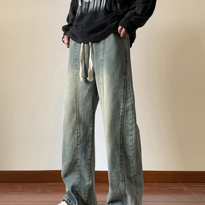 Tim Peake牛仔裤男美式做旧直筒裤子高街阔腿休闲长裤7019