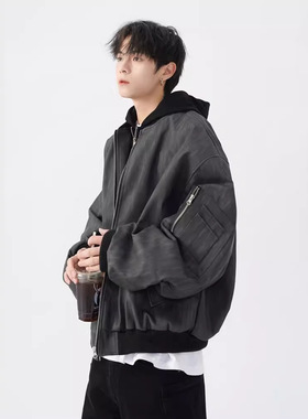 Tim Peake连帽假两件pu皮纹理夹克外套复古棒球服休闲短款D822