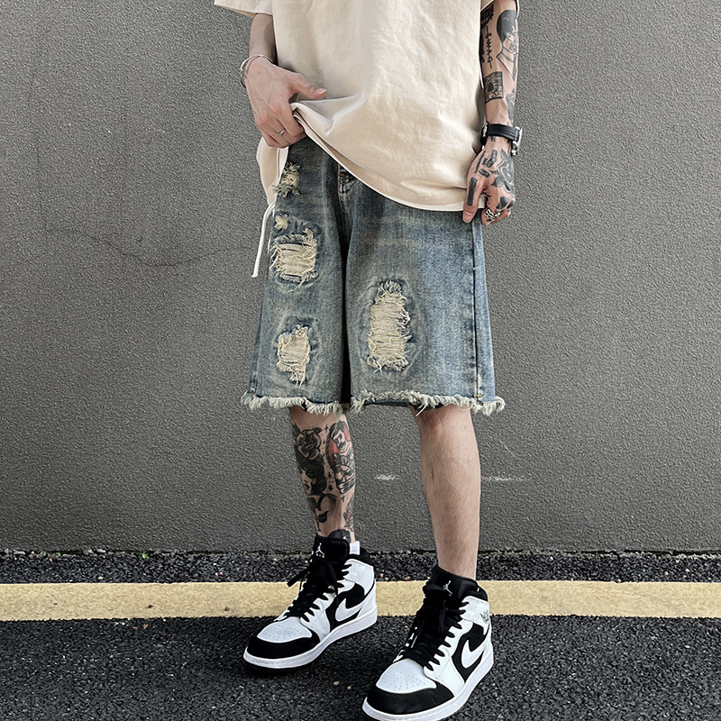 Tim Peake美式街头嘻哈高街水洗破洞毛边猫须牛仔短裤五分裤1057