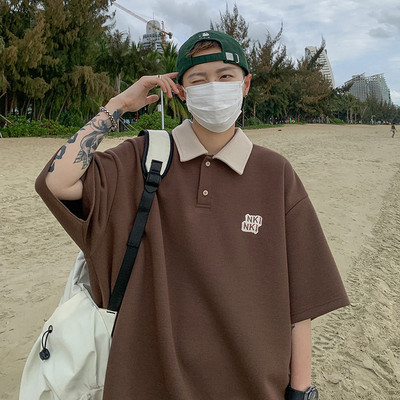 Tim Peake假两件polo衫短袖男体恤潮流复古美式学院风宽松翻领557
