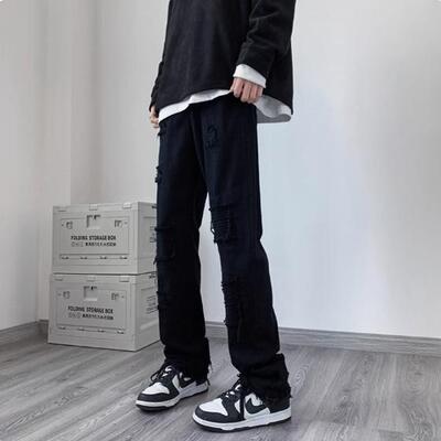 Tim Peake牛仔裤男款痞帅破洞毛边休闲裤高街vibe男士微喇裤1443