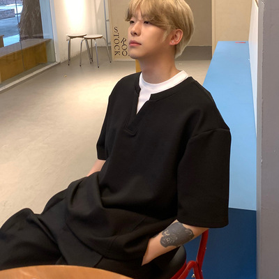 Tim Peake假两件V领设计感T恤男短袖韩版潮流宽松休闲半袖T149