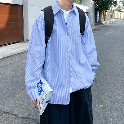 Tim Peake条纹衬衫男复古长袖大码衬衣韩版潮流宽松休闲百搭C01