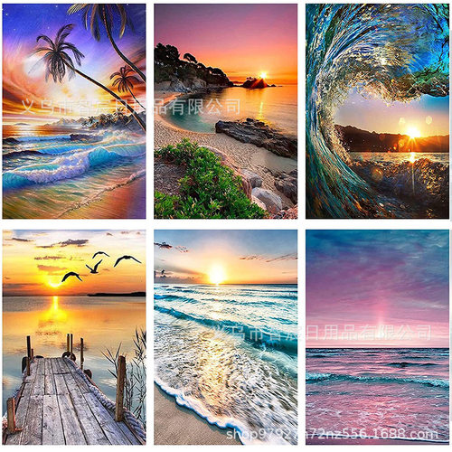 热销5d钻石画海滩风景艺术贴画十字绣圆钻满钻钻石画跨境