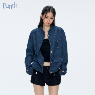 新款 PUNCH 25AW 秋裝 立領(lǐng)外套夾克女 肌理感牛仔小香開衫