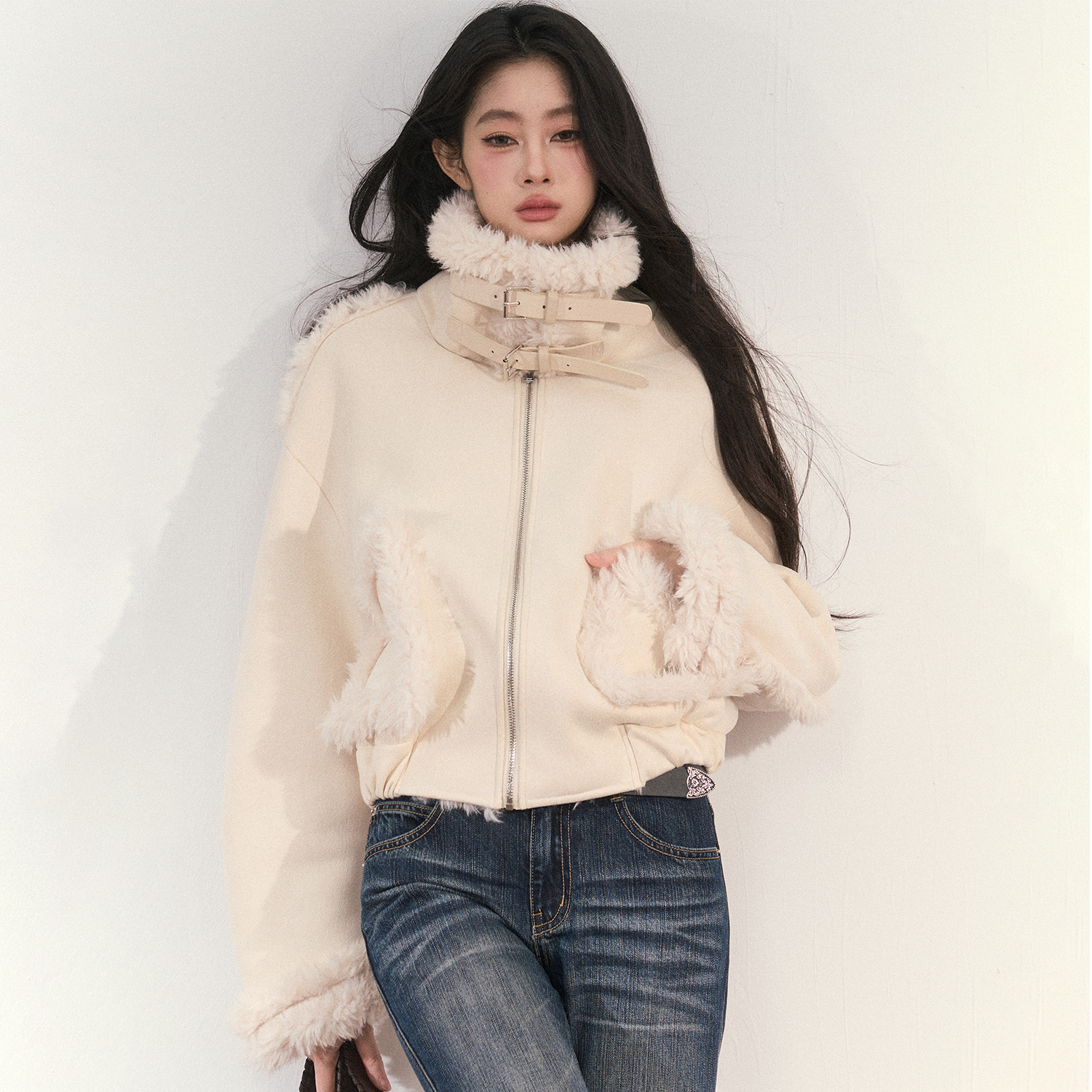 PUNCH 25AW秋冬羊羔毛皮毛一体外套复古毛领短款米色夹克上衣