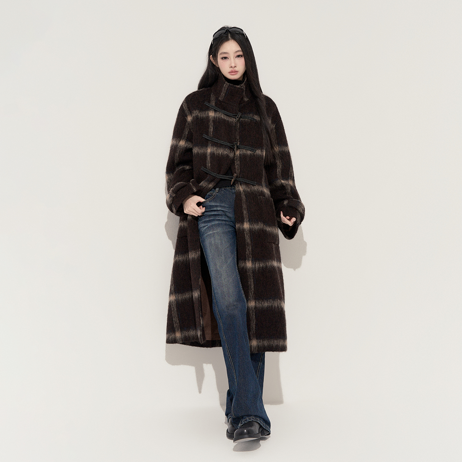 【PUNCH25AW 11.24 10点】50羊毛廓形长款格子毛呢大衣外套冬保暖