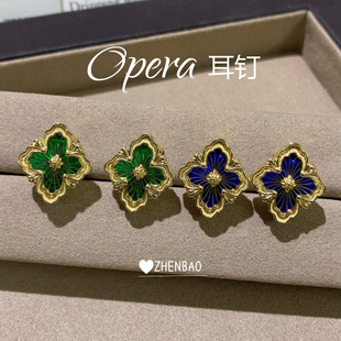 Operа歌剧院拉丝耳钉女款白贝母绿色珐琅耳环镀18K金四叶草耳拍