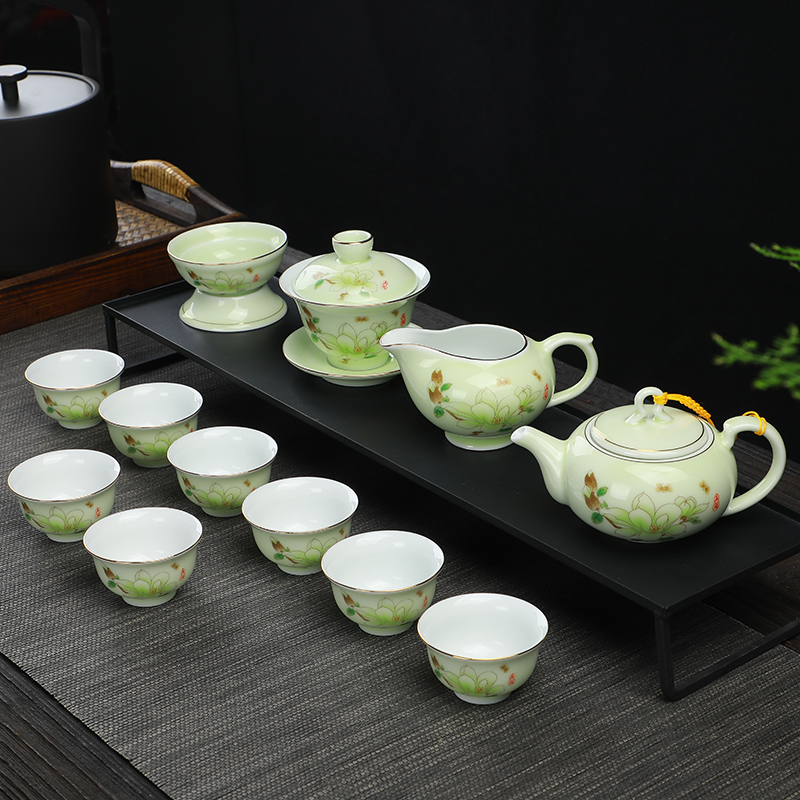 陶瓷功夫茶具套装玉兰花盖碗茶壶茶杯子整套家用办公室小号泡茶器