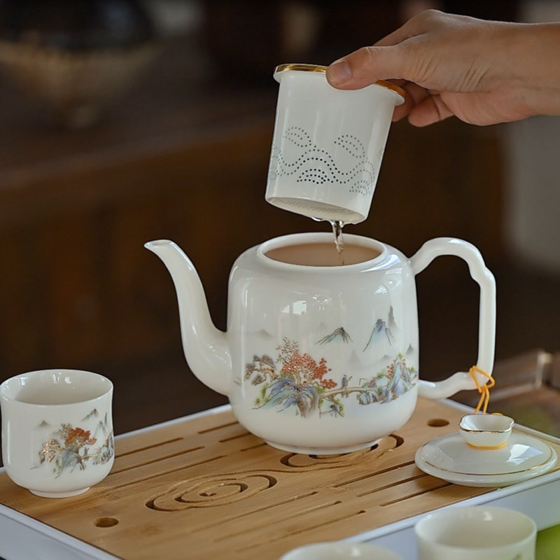 连山阁羊脂玉过滤大号泡茶壶图片