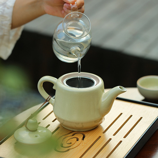汝窑茶壶单壶带过滤网陶瓷家用大号容量黄色开片功夫红茶具泡茶器