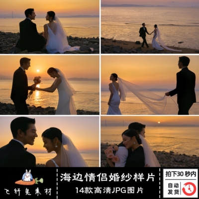 新款高清影楼婚纱照样片海边夕阳傍晚黄昏情侣放大客样婚纱样片