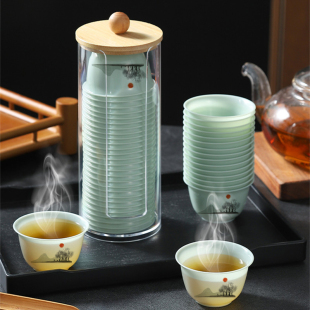 一次性功夫茶杯60ml带收纳杯架品茗杯高档茶具加厚硬塑料喝茶小杯