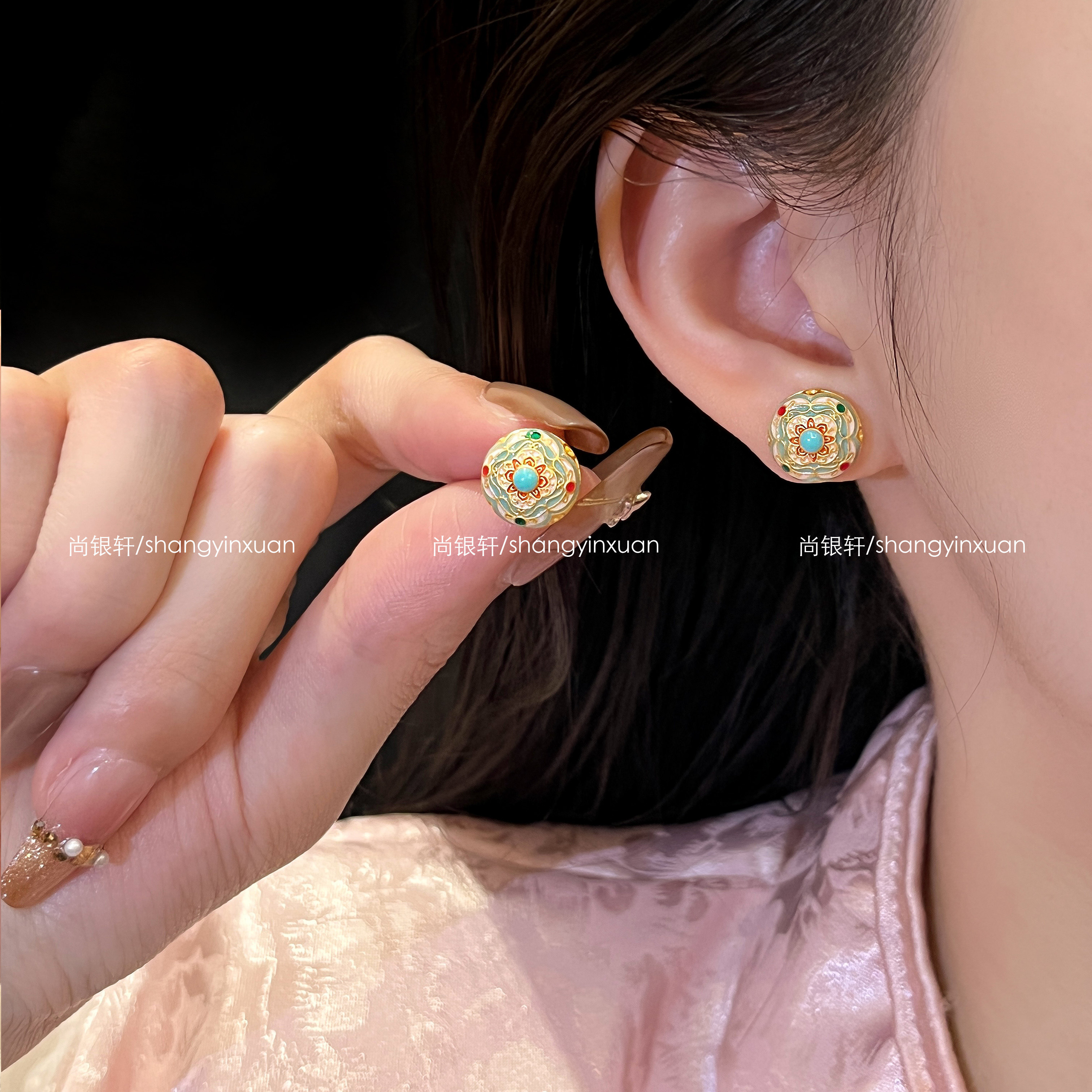 尚银轩纯银耳饰描金四叶草珐琅彩银耳钉女新中式国风银耳环耳饰