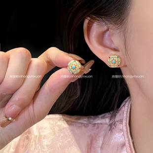 尚银轩纯银耳饰描金四叶草珐琅彩银耳钉女新中式国风银耳环耳饰