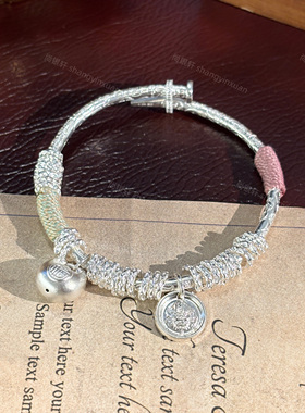 足银9999盘缠黄财神胖福银手镯国风推拉可调节百搭银镯子节日送礼