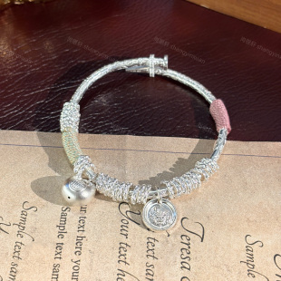 足银9999盘缠黄财神胖福银手镯国风推拉可调节百搭银镯子节日送礼