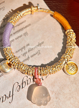 尚银轩9999纯银盘缠猫爪描金手镯