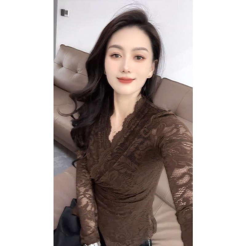 气质减龄V领交叉上衣女秋冬内搭加绒加厚打底衫修身蕾丝花边小衫