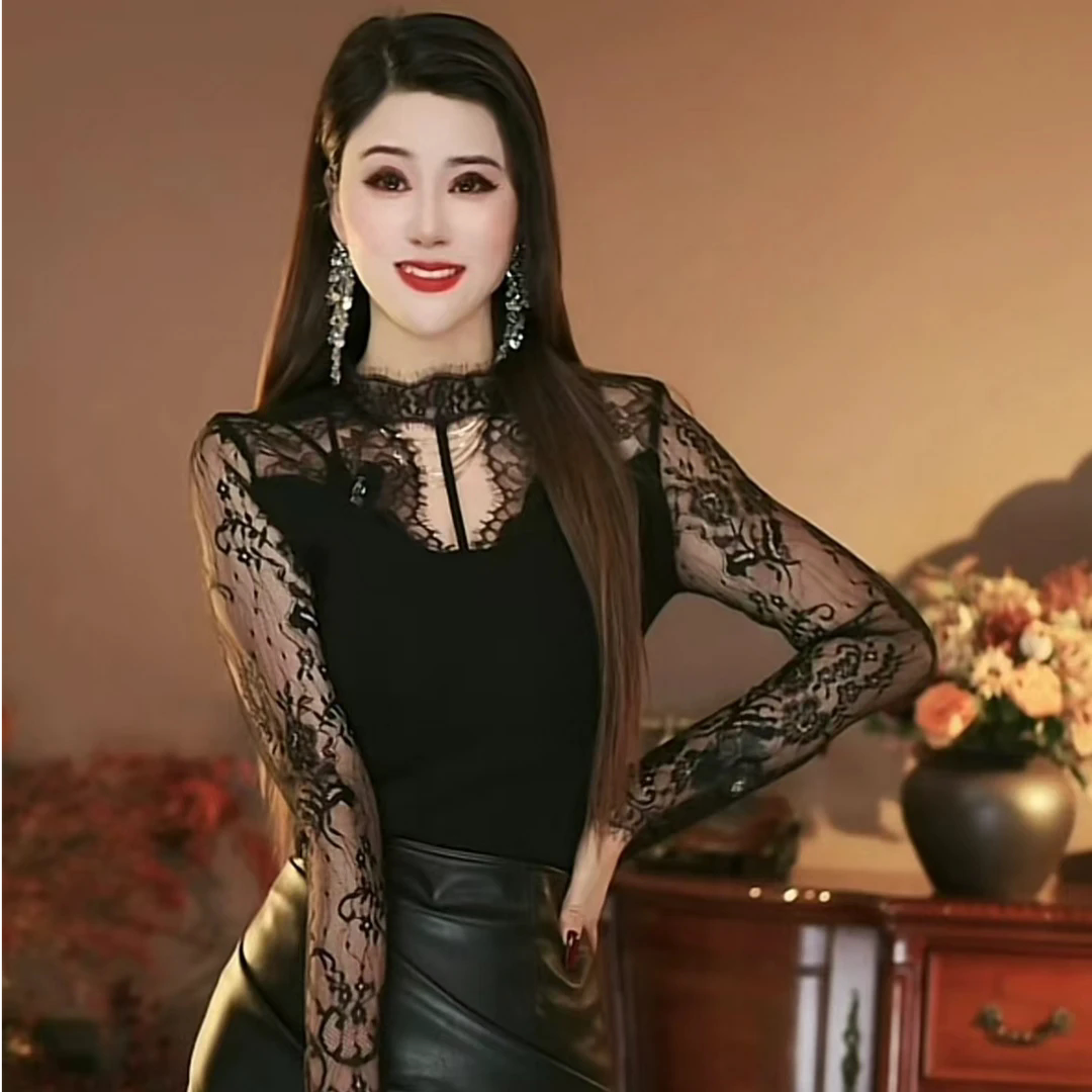 性感透视蕾丝拼接打底衫女秋冬新款欧货内搭长袖t恤修身磨毛上衣