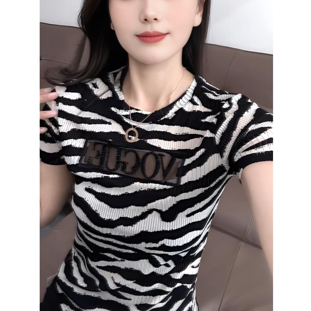 欧货斑马纹印花上衣女夏装新款性感镂空透视短袖T恤修身半袖体恤