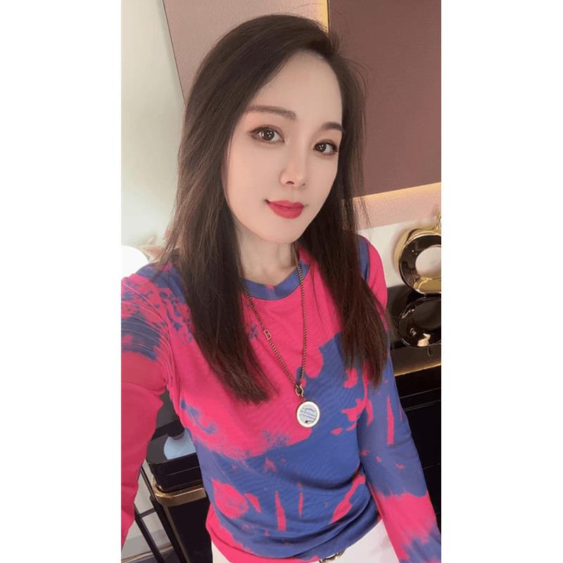 气质减龄晕染印花打底衫女春秋新款弹力网纱长袖t恤修身百搭上衣