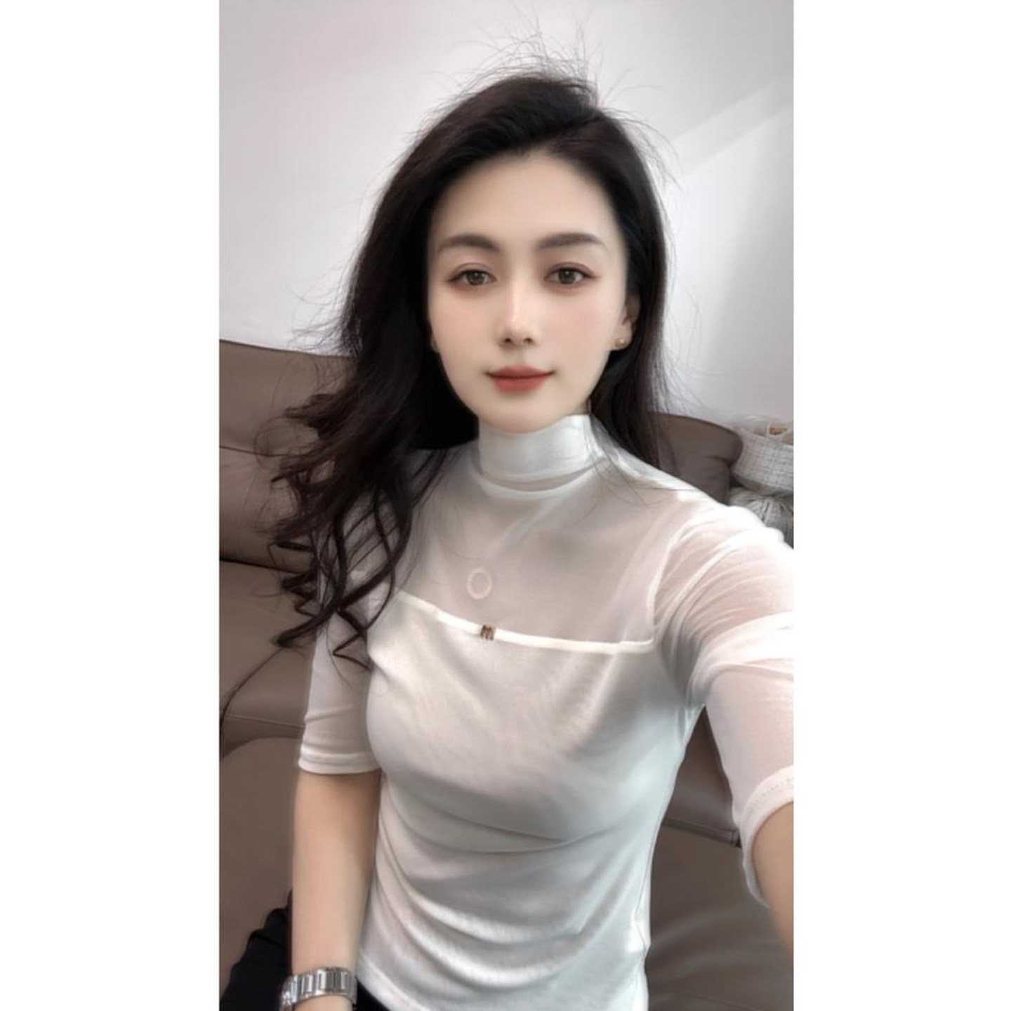 欧货小高领网纱打底衫女秋季时尚中袖纱衣t恤半袖中领纱网上衣潮