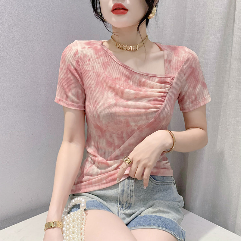 性感斜领T恤女短袖夏装欧货时尚印花扎染网纱上衣修身洋气小衫潮