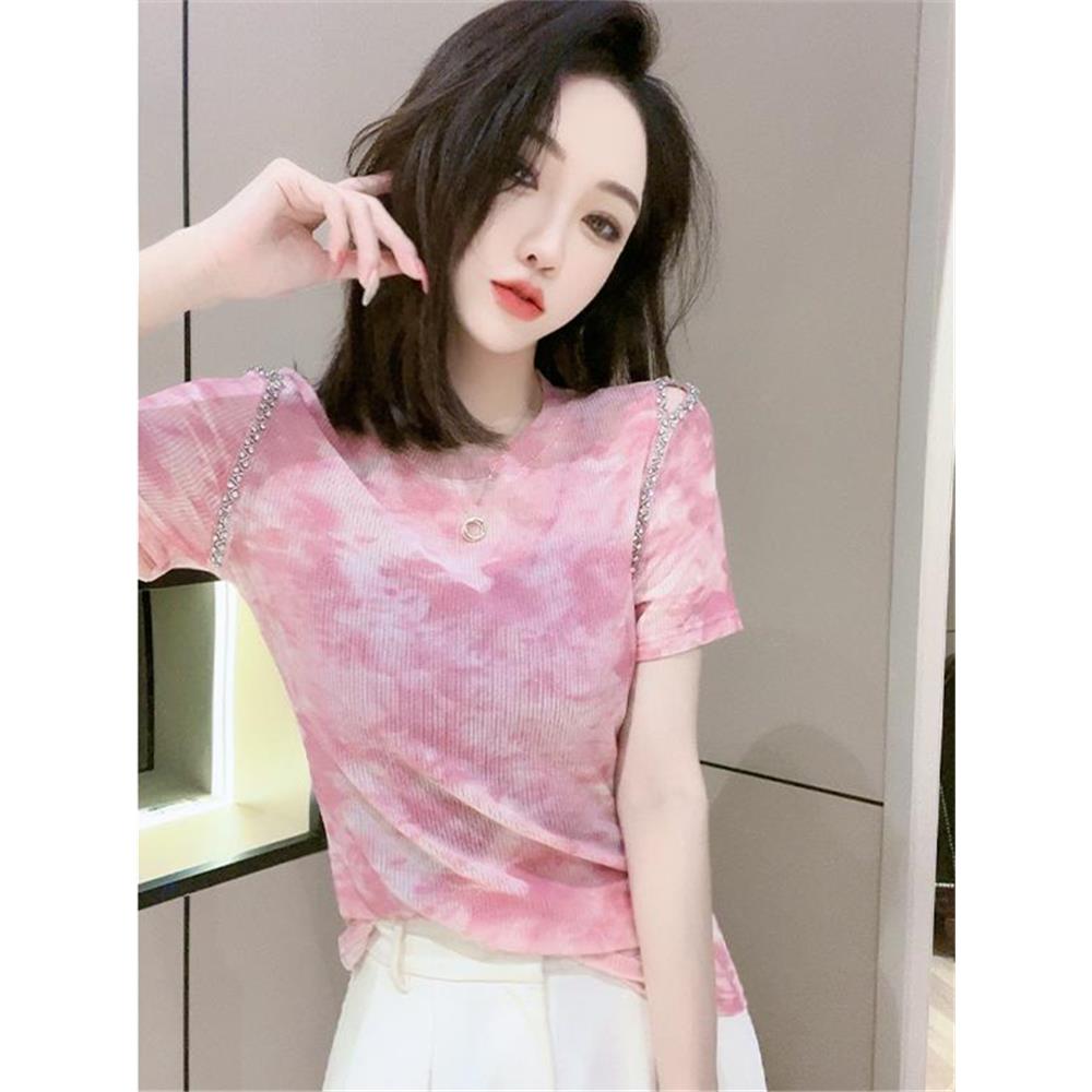 漂亮别致扎染T恤女短袖夏装小心机镂空钉钻上衣修身网纱半袖小衫