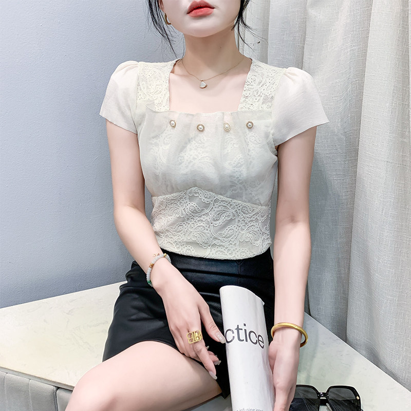 女装2025夏季新款气质方领蕾丝拼接雪纺上衣时髦女人味修身小衫潮