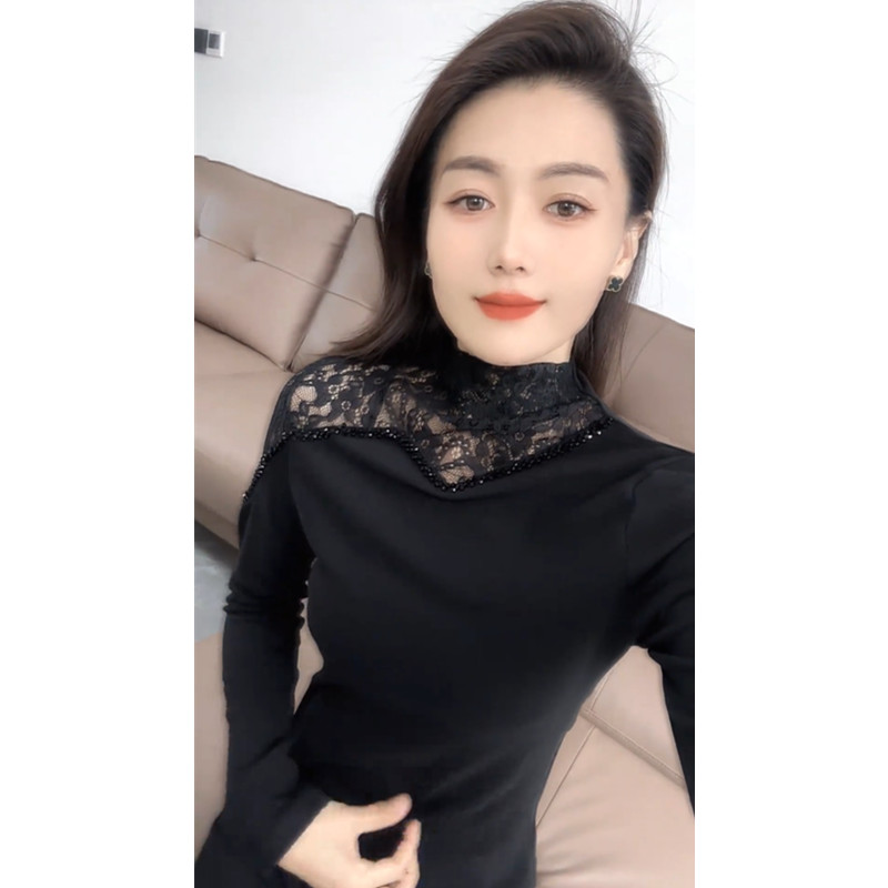 欧货半高领打底衫女秋冬性感透视蕾丝拼接上衣修身内搭长袖t恤潮
