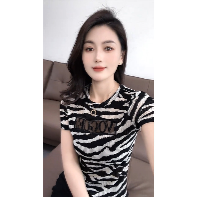 洋气斑马纹印花上衣女夏季新款欧货烫钻网纱短袖T恤修身半袖小衫