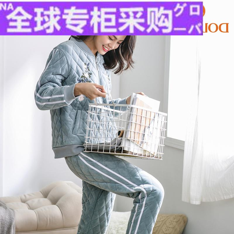 日本新款睡衣女冬加厚加绒珊瑚绒三层夹棉家居服秋冬季超厚棉袄套