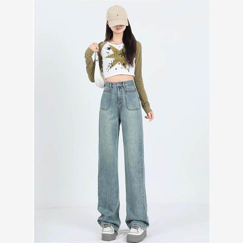 2025复古蓝牛仔裤女2025年新款秋季高腰显瘦窄版直筒裤宽松阔腿裤