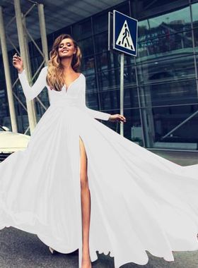 Women red party dress Lady Long-sleeved Evening Gown红色礼服