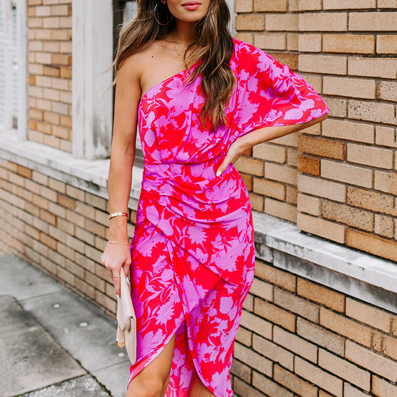 2021 summer new slim slant shoulder open back printed dress