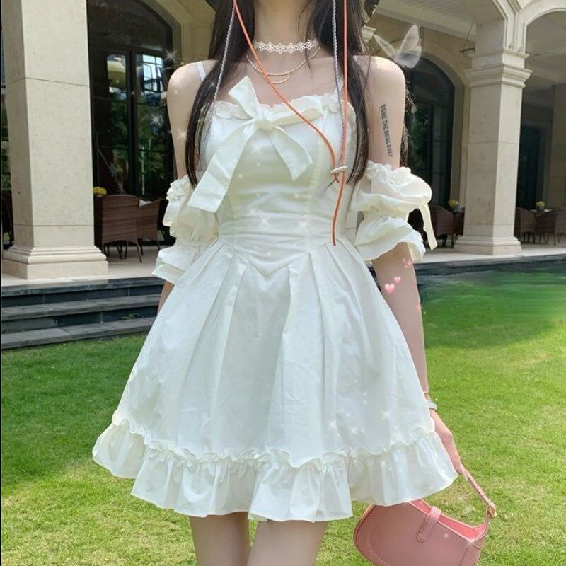 summer solid color bow ruffle dress女纯色蝴蝶结荷叶边连衣裙