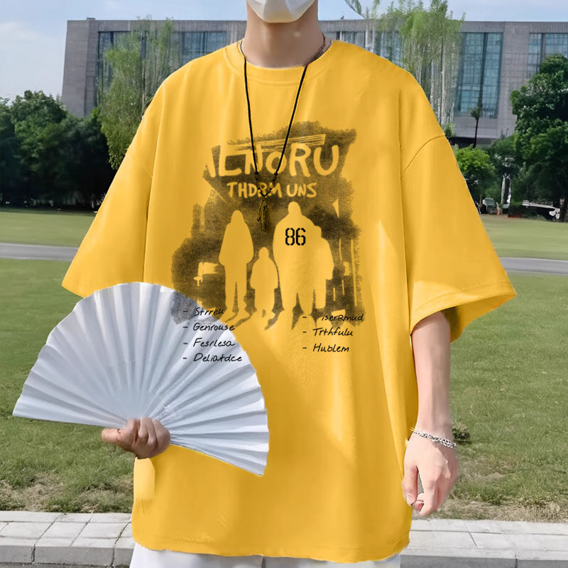 夏季新款大码短袖t恤衫男ins潮牌印花休闲简约初中生高中生五分袖