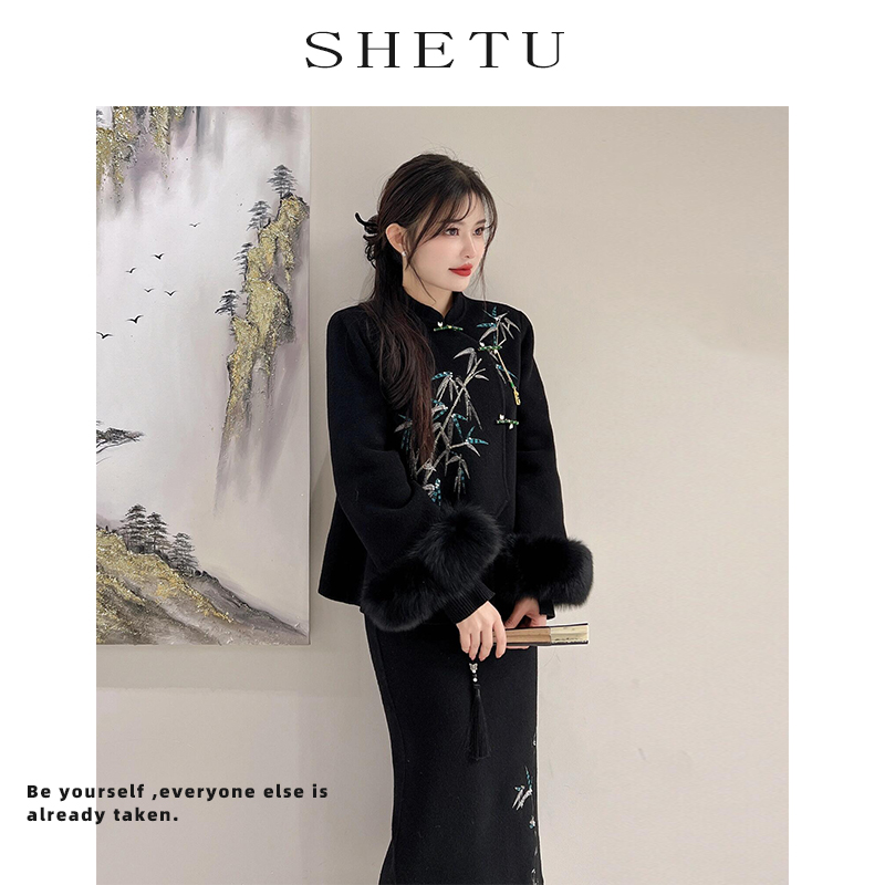 新中式复古风雅竹叶黑色汉服套装