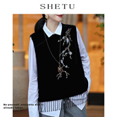 上衣女早春新款 新中式 复古禅意黑色唐装 刺绣圆领流苏国风马甲