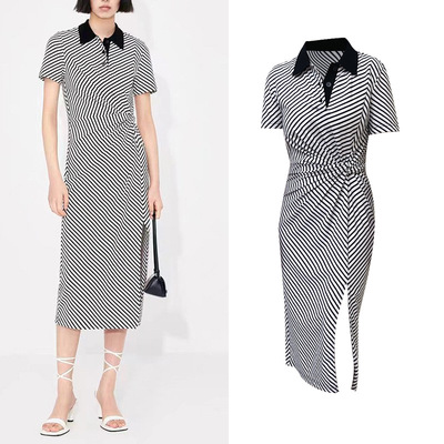 设计感黑白条纹休闲开叉连衣裙