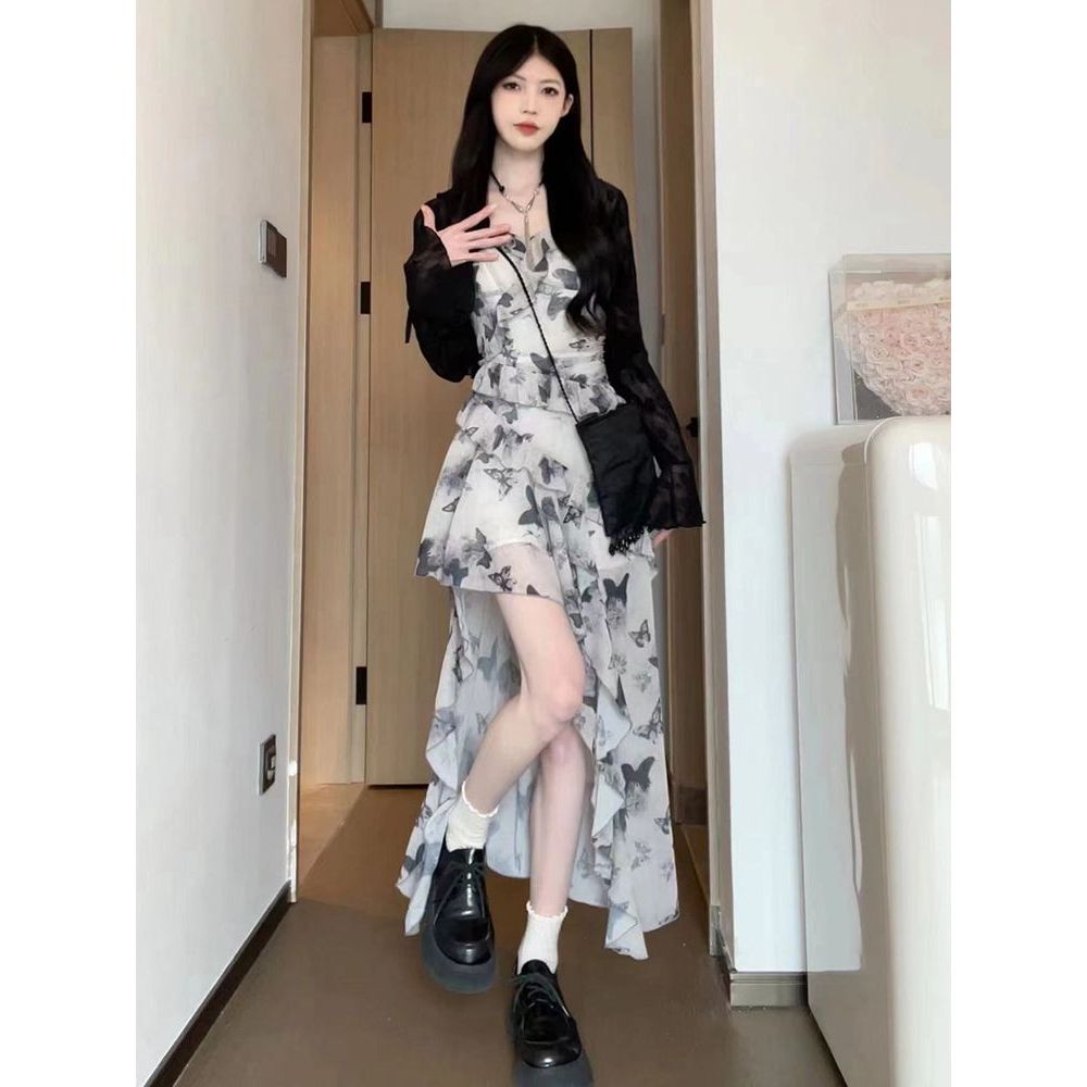 两件套 小清新春季蝴蝶裙碎花不规则荷叶边修身吊带裙连衣裙+开衫