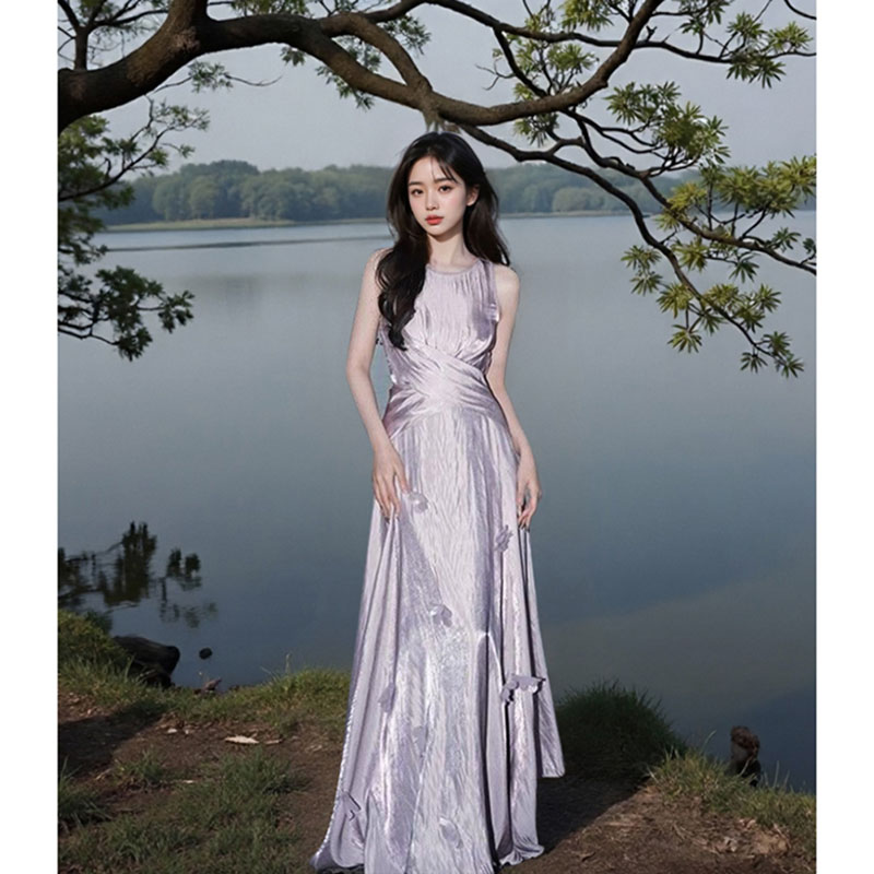 人鱼湾 掐腰紫色背心衬衫/大摆半身裙套装女春季千金感气质两件套