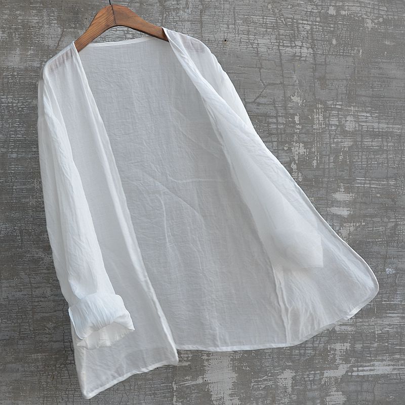 男装中性棉麻透视防晒开衫衬衫无领无扣飘逸青春时尚流行帅气休闲