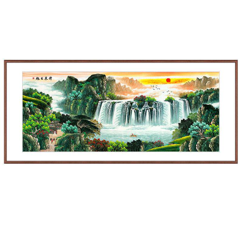 旭日东升手工山水画中堂画客厅挂画公室装饰画新中式背景墙壁画