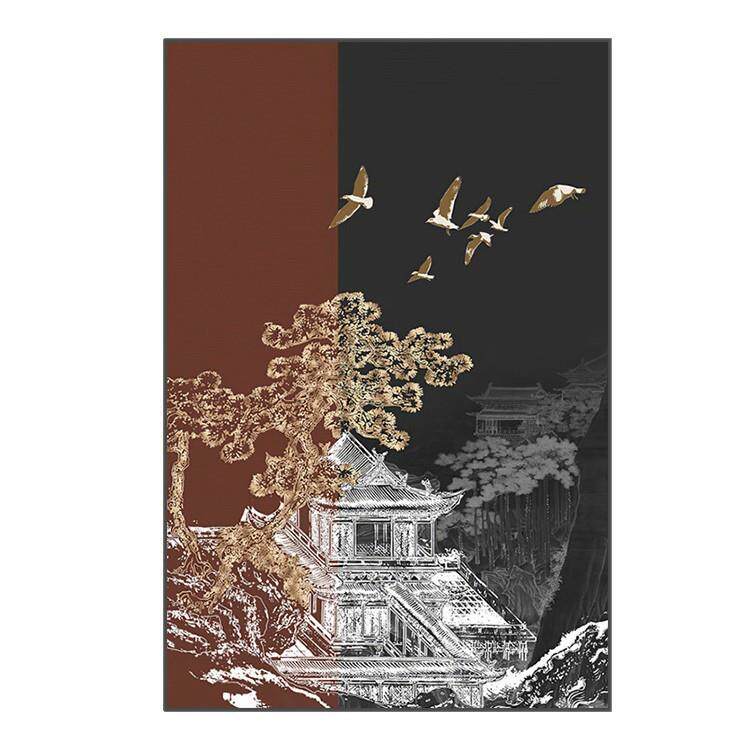 新中式拼色建筑中国风楼阁客厅装饰画玄关壁画高级感艺术竖版挂画