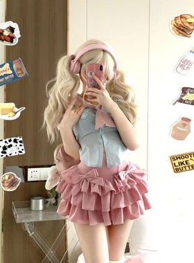 日系学院风落跑甜心 夏季短袖a字高腰蝴蝶结蛋糕半身裙时尚套装女